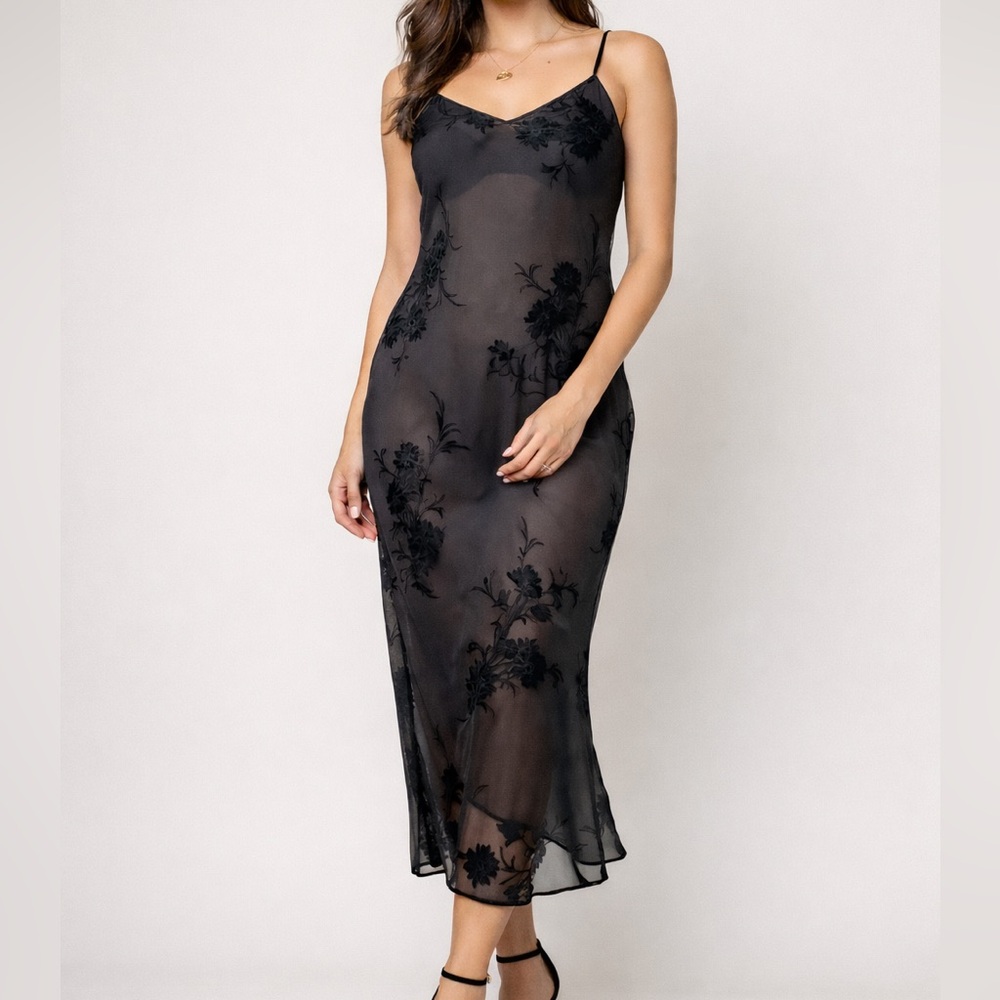 Vintage Valerie Stevens Sheer Flocked Mesh Velvet Floral Midi Slip Designer Gown